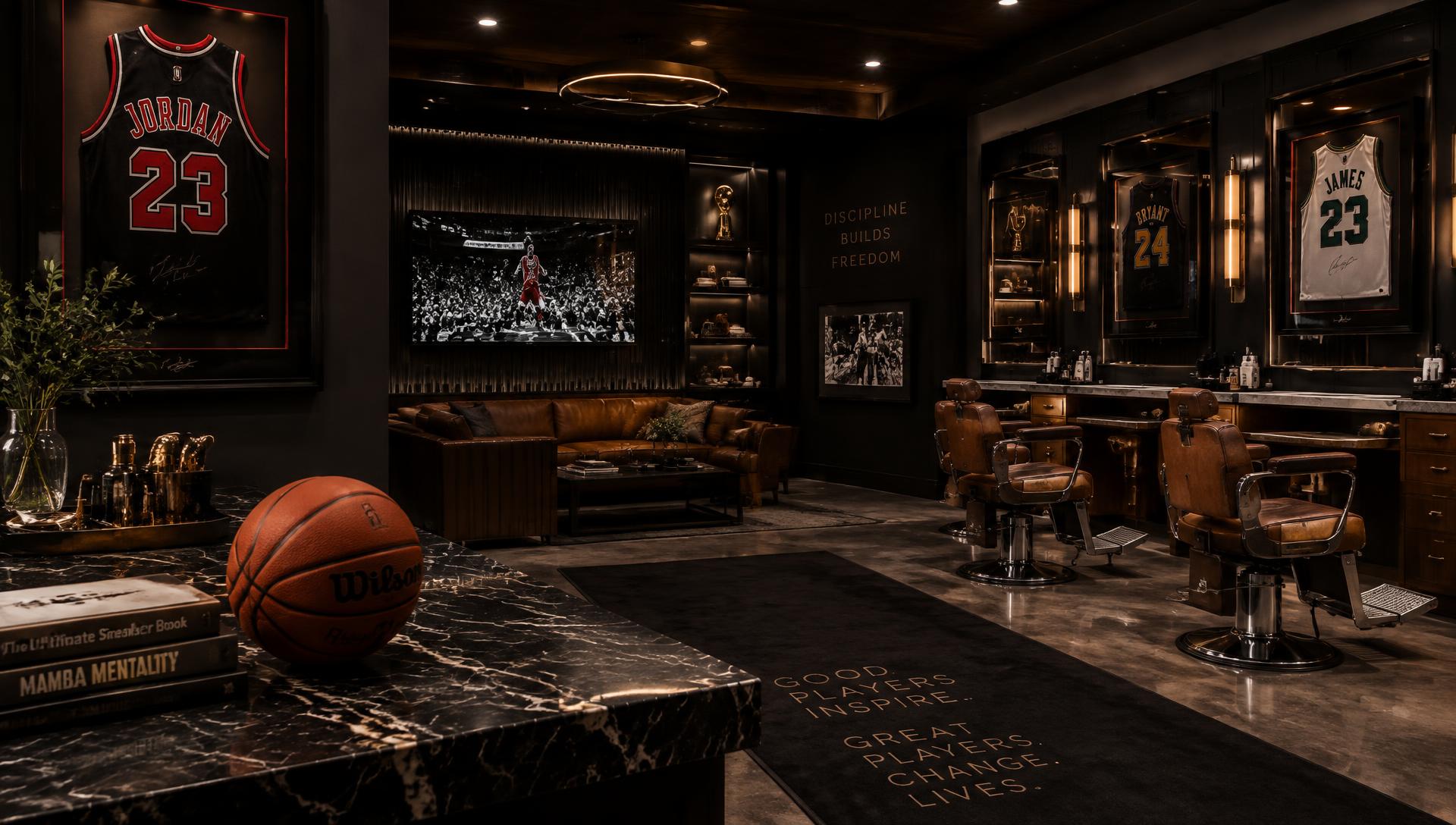 Dark luxury salon lounge with signed jerseys and leather barber chairs